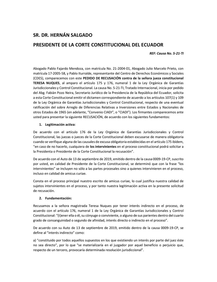 cdes_derechos's tweet photo. #Atención | Teresa Nuques tiene conflicto de interés en el caso #CIADI, por eso #UDAPT y #CDES hemos solicitado su recusación. Varias voces y expertos consideran que esta solicitud debe ser aceptada por la @CorteConstEcu para garantizar la imparcialidad.
https://t.co/4s1giruZxH https://t.co/ZPlPtpLHCV