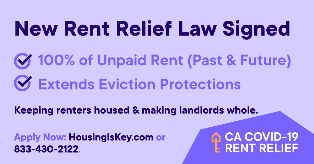 CA Business, Consumer Services and Housing Agency (@cabcsh) on Twitter photo An equitable recovery is underway in CA! The most comprehensive #rentrelief program in the nation just got stronger.
<a href="/CAgovernor/">Governor Gavin Newsom</a> signs new law to increase rent & utility assistance payments to 100%, makes landlords whole & extends the eviction moratorium to keep people housed! An equitable recovery is underway in CA! The most comprehensive #rentrelief program in the nation just got stronger.
<a href="/CAgovernor/">Governor Gavin Newsom</a> signs new law to increase rent & utility assistance payments to 100%, makes landlords whole & extends the eviction moratorium to keep people housed!