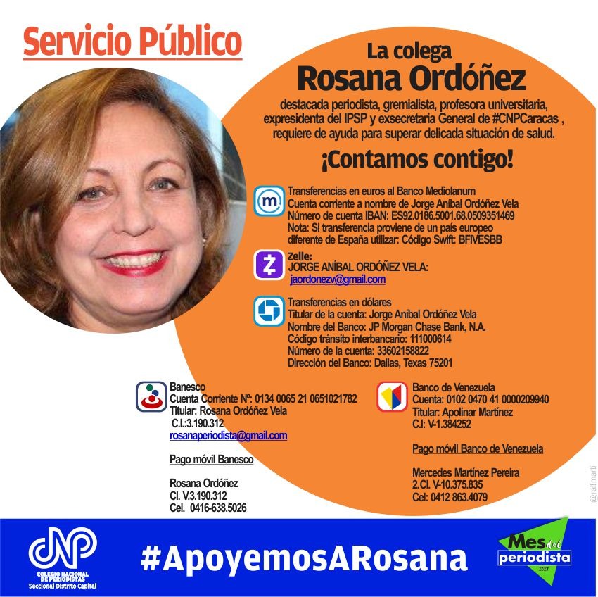 CNPCaracas's tweet photo. Colega Rosaña Ordoñez, destacada periodista, gremialista, profesora universitaria, expresidenta del @IPSPeriodista  y exsecretaria General de #CNPCaracas , requiere de ayuda para superar delicada situación de salud. Aquí todas las opciones para colaborar 👇 https://t.co/392YP0bZCh