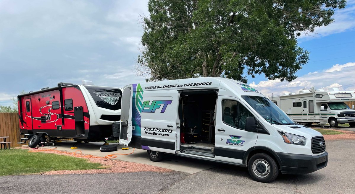 Yes! Swyft services RVs! Here's a photo from our morning Tire Service. Book your next appointment at InviteSwyft.com #Denver #RVLife #LasVegas #inviteme #mobiletireservice #mobileoilchanged