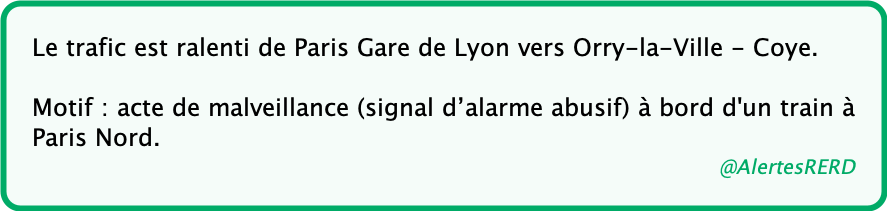 AlertesRERD's tweet photo. 🚨Ⓓ - SIGNAL D'ALARME

Ligne D : Paris Lyon - Orry la Ville ralenti

☞ Ligne D : Paris Lyon - Orry la Ville ralenti

#RERD
(SNCF - 29/06/21 17:38) https://t.co/BjGNWqiwZZ