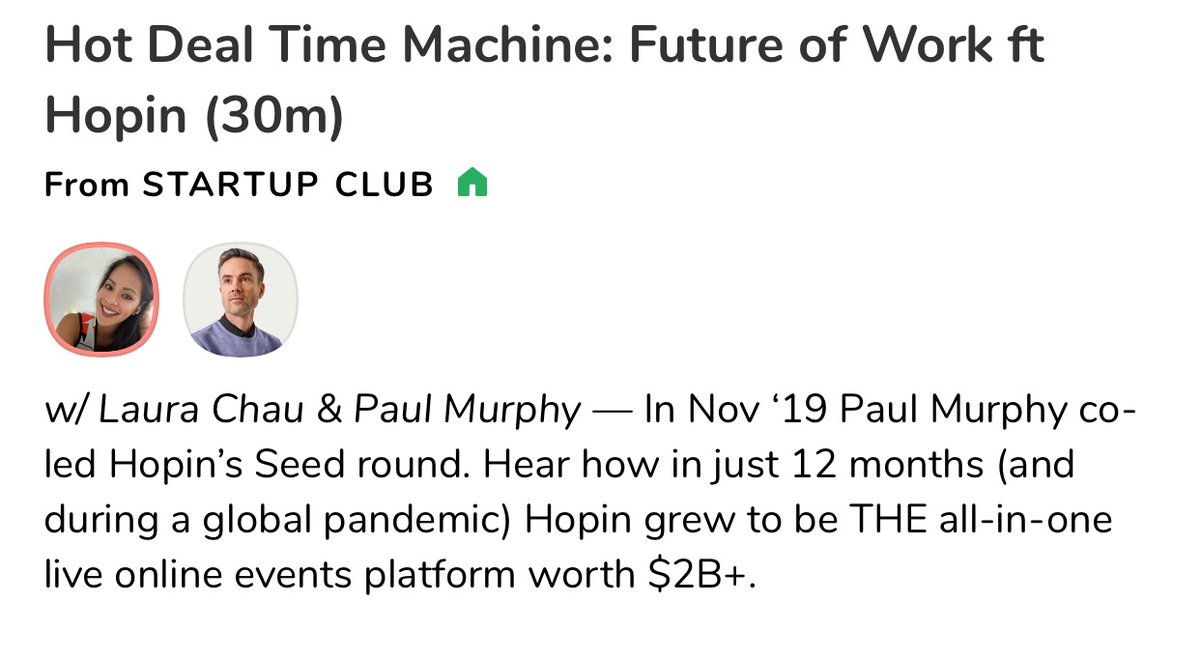 Laura Chau (@laurachau) on Twitter photo I'm chatting with <a href="/paulbz/">Paul Murphy</a> today on <a href="/Clubhouse/">Clubhouse</a> about his seed investment in <a href="/Hopin/">RingCentral Events (Formerly Hopin)</a> and how the virtual events platform navigated hyper-growth during the pandemic
🎙️ ✨HOT DEAL TIME MACHINE✨ today at 12PM PT
👉 clubhouse.com/event/mW0R41XL I'm chatting with <a href="/paulbz/">Paul Murphy</a> today on <a href="/Clubhouse/">Clubhouse</a> about his seed investment in <a href="/Hopin/">RingCentral Events (Formerly Hopin)</a> and how the virtual events platform navigated hyper-growth during the pandemic
🎙️ ✨HOT DEAL TIME MACHINE✨ today at 12PM PT
👉 clubhouse.com/event/mW0R41XL