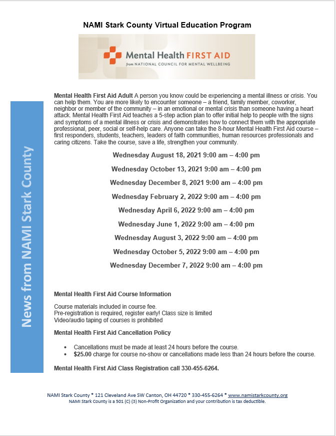 NAMIStarkCounty's tweet photo. Call 330-455-6264 for sign-up for Mental Health First Aid Classes https://t.co/cA7gPkpz53