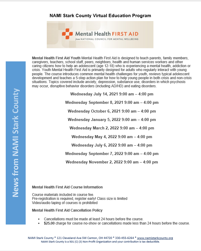 NAMIStarkCounty's tweet photo. Call 330-455-6264 for sign-up for Mental Health First Aid Classes https://t.co/cA7gPkpz53