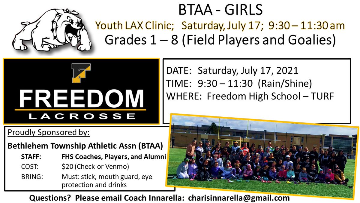 BTAA / FHS Girls Lacrosse Clinic
Sat. July 17; 9:30 - 11:30 Registration Open!
docs.google.com/forms/d/e/1FAI…
If you have any questions, please contact Coach Innarella, FHS Girls Head Lacrosse Coach: charisinnarella@gmail.com.