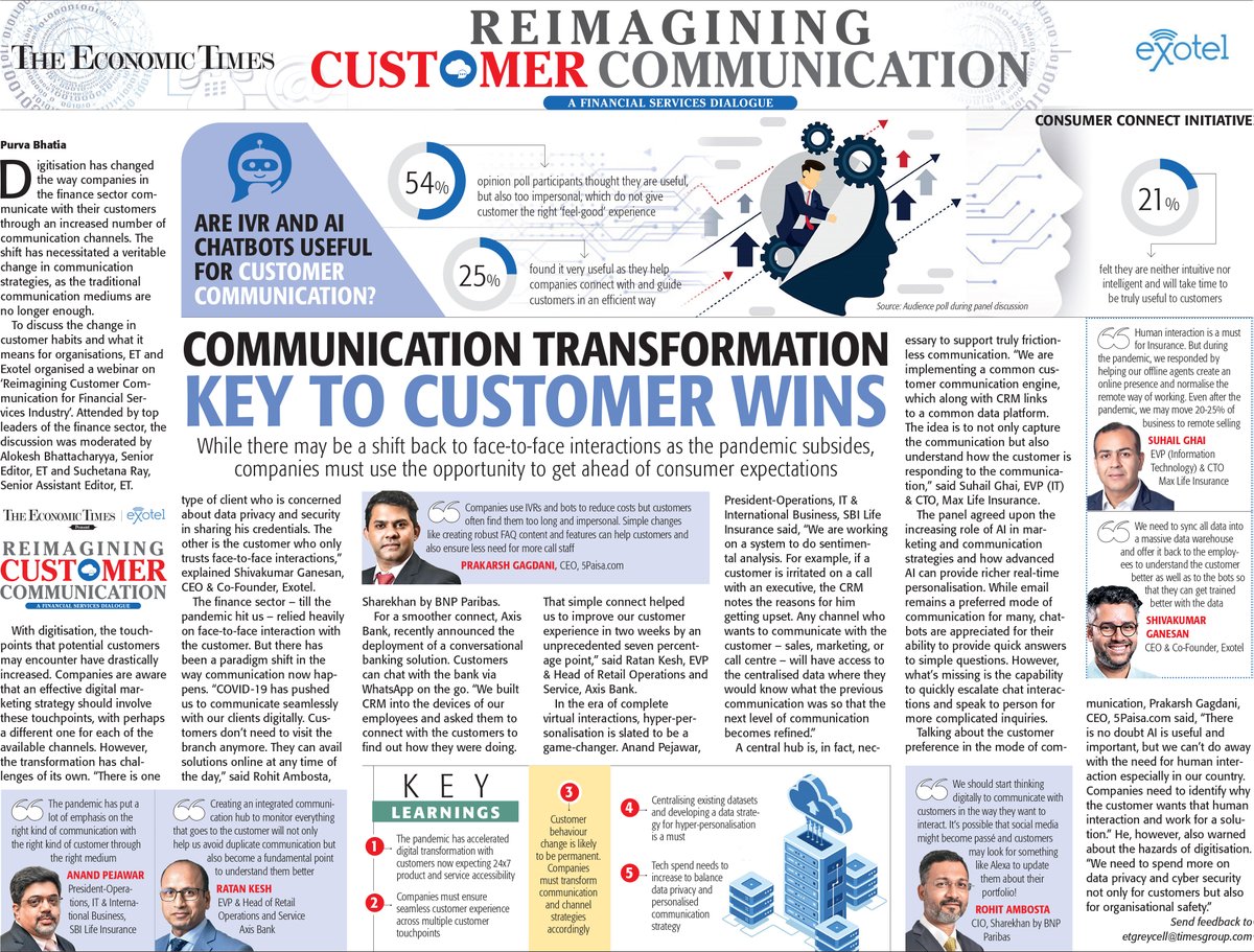 While there may be a shift back to face-to-face interactions as the pandemic subsides, companies must use the opportunity to get ahead of consumer expectations <a href="/Exotel/">Exotel</a>

Story here:
economictimes.indiatimes.com/industry/banki…

Watch the discussion: 
youtube.com/watch?v=rQrPjr…