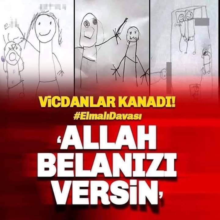 #Elmalida2Cocuk Bir çocuğun çiçek böcek ev çizmek yerine kendine yapılan zulmü çizmesinden daha korkunç başka bir şey olamaz!
Bu nasıl karar bu nasıl adalet?
Peki bu çocukların hali ne olacak?Yaşadıklarının hesabını kim verecek
Bu çocuklara nasıl kıydınız efendiler #elmalıdavası
