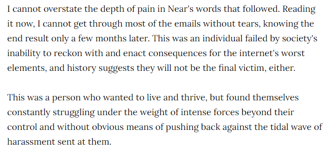 "I saw your tweets, and I’m really concerned," reads an email I wrote Saturday night. "Are you okay? What can I do to help?"

I tried to write about Near, a brilliant person who was in so much pain. I spent weeks getting to know them. Here's what I learned vice.com/en/article/pkb…