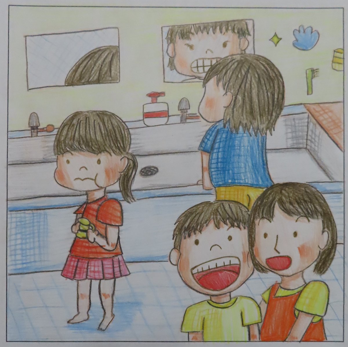 5枚目 「手洗いうがい」 保育士1名、園児3名 45分…下書き20分、線入れ 