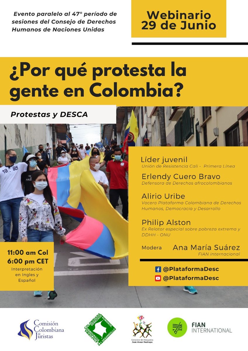 Coljuristas's tweet photo. #ProtestasEnColombia #EnVivo🗣️Te invitamos a participar en el conversatorio "¿Por qué protesta la gente en Colombia?" #HRC47 

🔊29 de junio
🕙11:00 AM Col
🕙 6:00 PM Cet

Ingresa ahora al evento: https://t.co/kHHbDuuqjr https://t.co/dkatjtZzc3