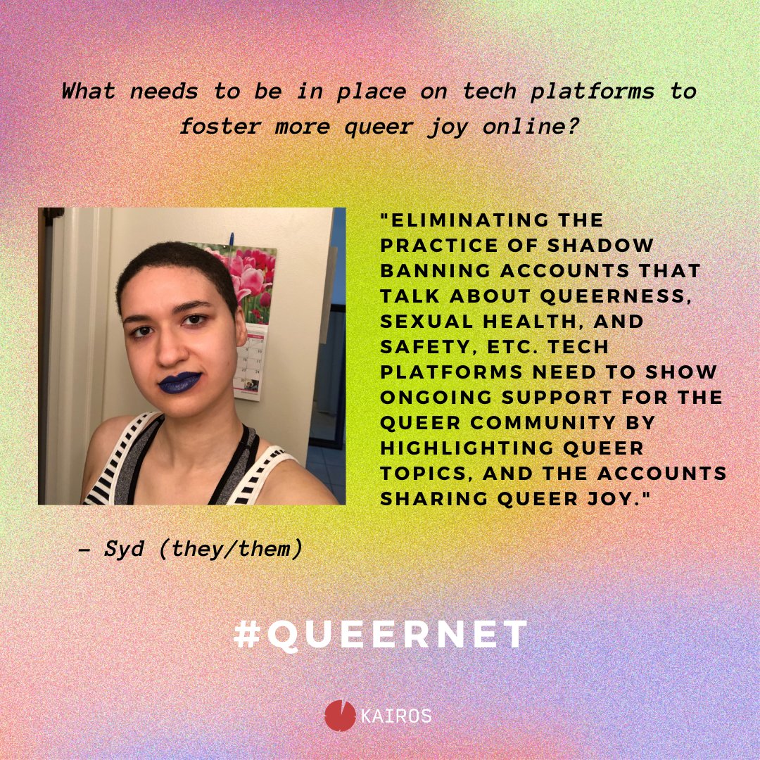 KairosFellows's tweet photo. As #Pride comes to a close, Kairos is celebrating #QUEERNET 🌈💻. We’re highlighting stories of how queer people of color have used the internet and technology to form kinship & find joy in the Digital realm. Check it out 👇🏾 https://t.co/PAtaI99Ev3