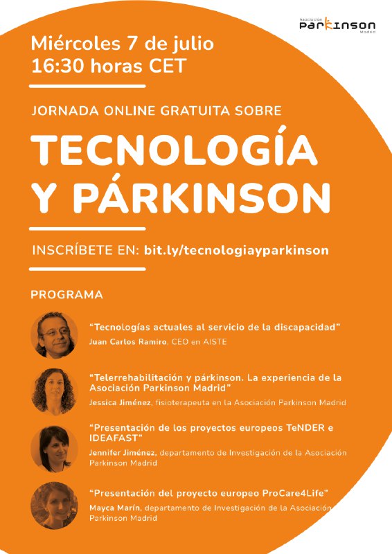 ParkinsonMadrid's tweet photo. Última conferencia online gratuita de la temporada: "Tecnología y #párkinson" 👩💻🧠 ¡No te la pierdas!
✍️ No olvides inscribirte aquí: https://t.co/JevbPPvEaW https://t.co/iKSZZQ1YEd