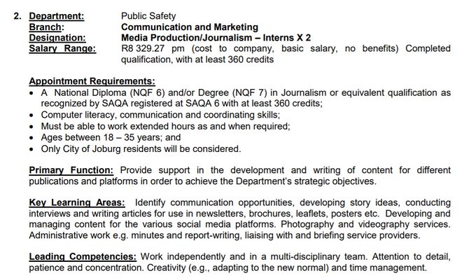 CityofJoburgZA's tweet photo. 📌REMINDER: CLOSING 1 JULY/INTERNSHIPS
⚪️Graphic Design
⚪️Media Production/Journalism
⚪️Apply online here: https://t.co/m8QErJoW0v #JoburgVacancies #JobSeekersSA ^NS https://t.co/9eIgHGFTtB