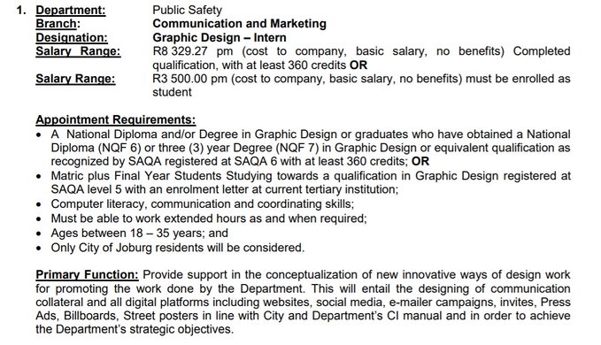 CityofJoburgZA's tweet photo. 📌REMINDER: CLOSING 1 JULY/INTERNSHIPS
⚪️Graphic Design
⚪️Media Production/Journalism
⚪️Apply online here: https://t.co/m8QErJoW0v #JoburgVacancies #JobSeekersSA ^NS https://t.co/9eIgHGFTtB