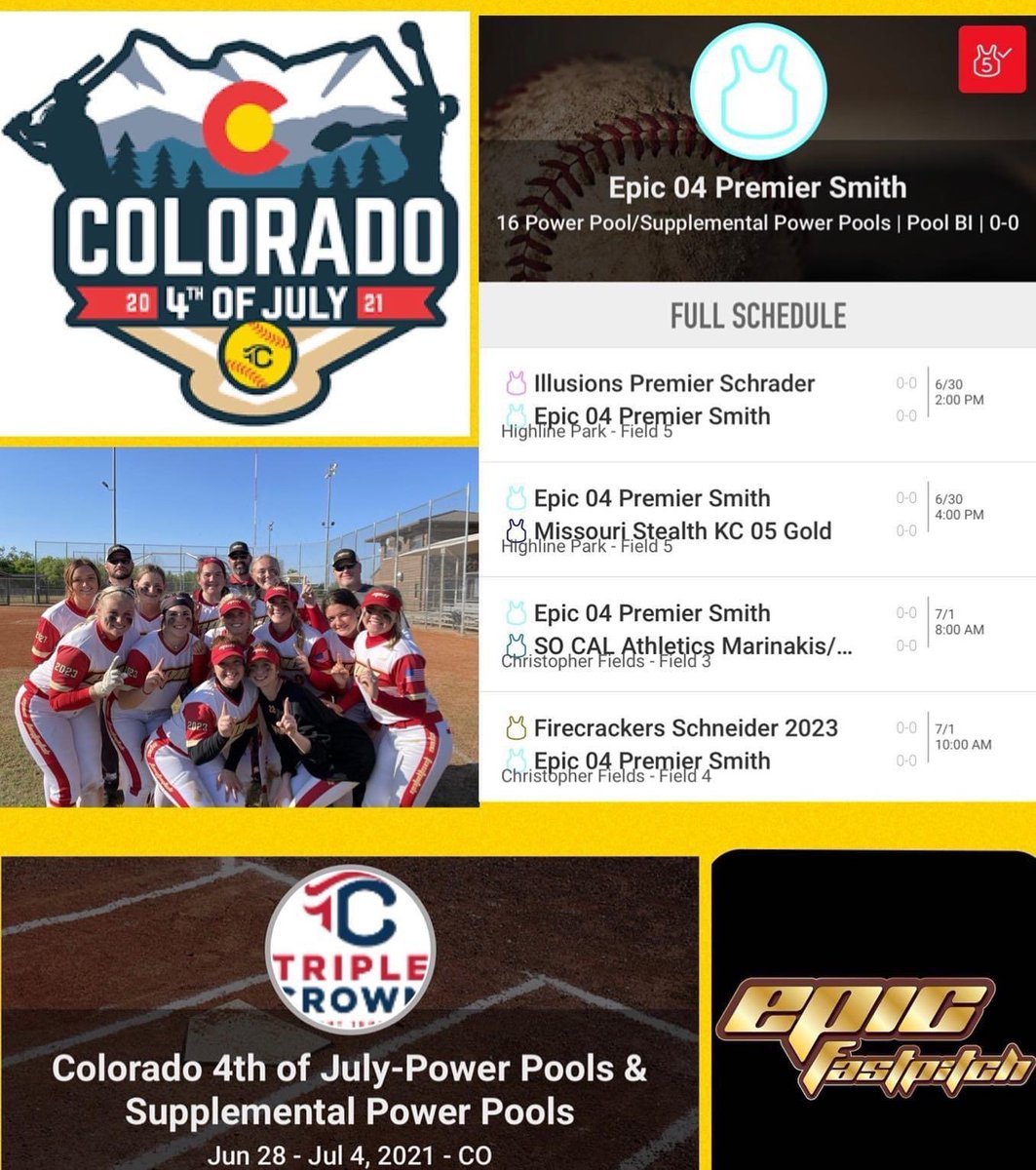 Epic04Smith's tweet photo. Epic 04’s first Pool Play games begin Wednesday in Colorado! Best of luck ladies. #BeEpic #epicsb #sparkfire #triplecrownfastpitch https://t.co/wBlWIYPKUo