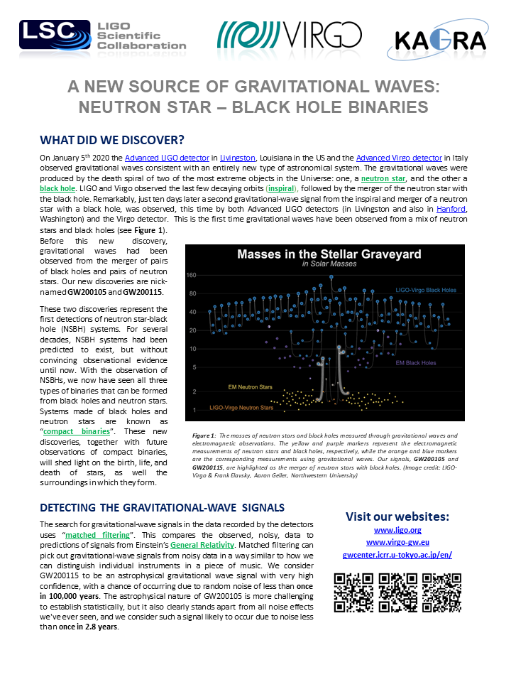 LIGO's tweet photo. Our new paper describes not one but *two* #NeutronStar #BlackHole binaries we detected in Jan 2020, in the second part of our 3rd Observing Run #O3b. Read the science summary at #NSBH https://t.co/eK8Isb82IG (multiple translations also available) https://t.co/2hhHQC7t4w