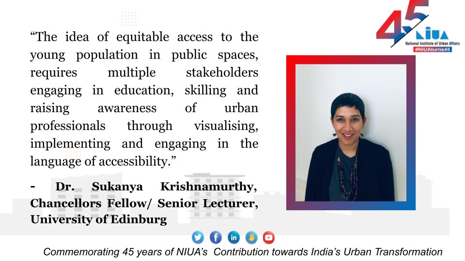 NIUA_India's tweet photo. Dr Sukanya Krishnamurthy, Chancellors Fellow/ Senior Lecturer, @EdinburghUni highlighted the youth-related needs while developing inclusive cities. 
#InclusionMatters #NIUAturns45 https://t.co/jllcpQm1hB