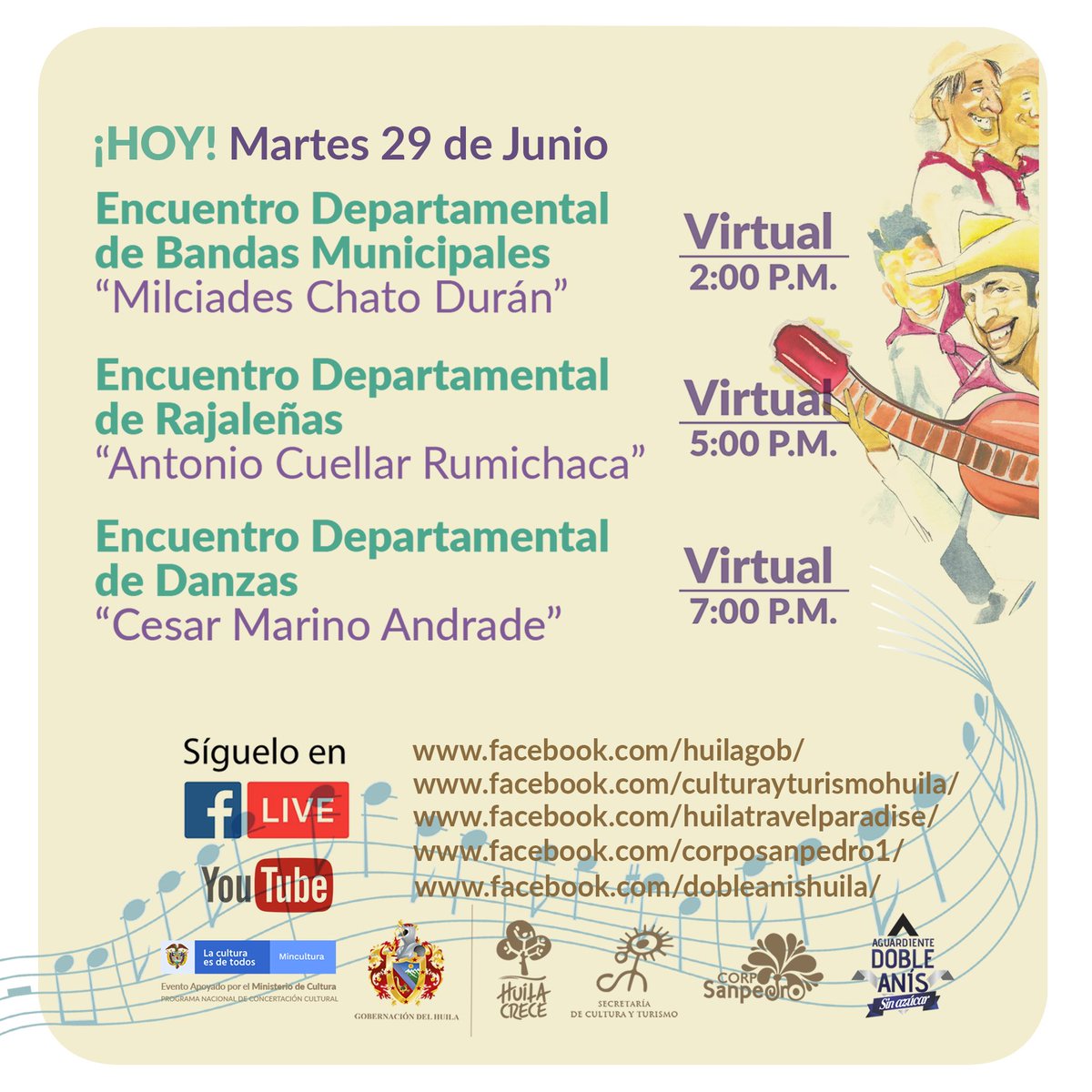 #FestivaldelBambuco  *#Virtual*🎉🤩👉🏽HOY , Agéndate con el #Festival. 
2:00pm 🕑 Encuentro Dptal. de bandas Municipales. 

5:00pm 🕔 Encuentro Departamental de Rajaleñas.

7:00pm 🕖 Encuentro Dptal. de Danzas “Cesar Marino Andrade”. 

¡El Huila Crece con Cultura! 🌳🧡