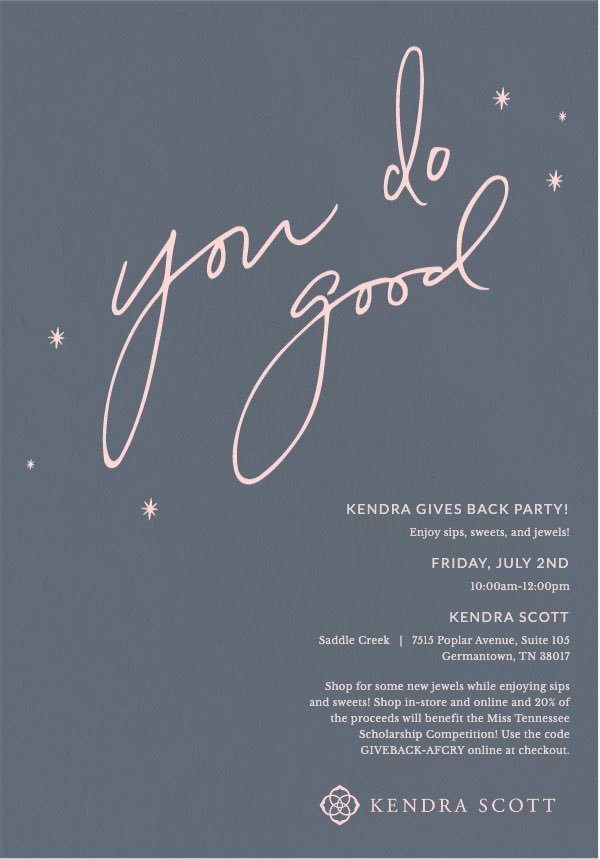 Join us at <a href="/KendraScott/">kendrascott</a> at the Shops of Saddle Creek Germantown, TN Friday July 2nd from 10am-12pm 20% of the proceeds in store and online will directly benefit the Miss Tennessee Scholarship Competition! 💍