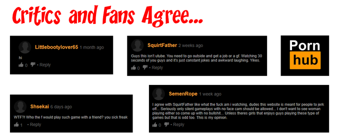 Critics and fans agree: Two Gaming Dudes are two "sick freaks."    SquirtFather says, "This isn't YouTube