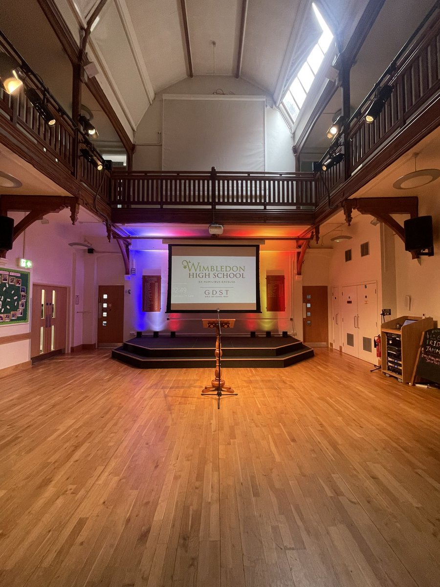 The stage is set for the Year 7 and Year 9 MFL Spoken Word event @WimbledonHigh #ArtsFestWHS even managed some flag lighting..! @French_WHS @SpanishDept_WHS @GDST