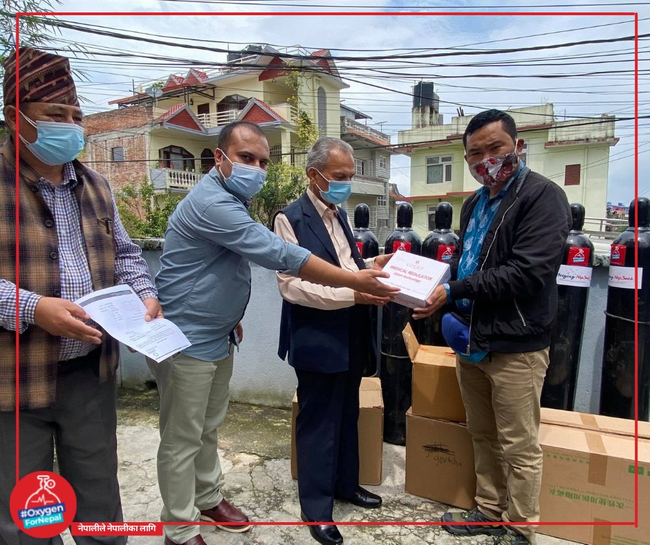 OxygenForNepal's tweet photo. In support of #MergingNepsocs, we provided oxygen cylinders, PPE sets, regulators, masks and oximeters to two municipalities of Gorkha. The handover was done in the presence of the Former Prime Minister of Nepal Dr. Baburam Bhattarai and Mr. Aanand Mishra, Founder and President. https://t.co/1KuK430djN