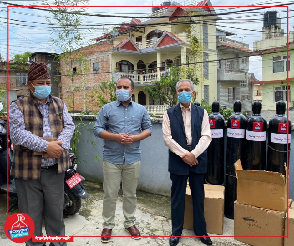 OxygenForNepal's tweet photo. In support of #MergingNepsocs, we provided oxygen cylinders, PPE sets, regulators, masks and oximeters to two municipalities of Gorkha. The handover was done in the presence of the Former Prime Minister of Nepal Dr. Baburam Bhattarai and Mr. Aanand Mishra, Founder and President. https://t.co/1KuK430djN