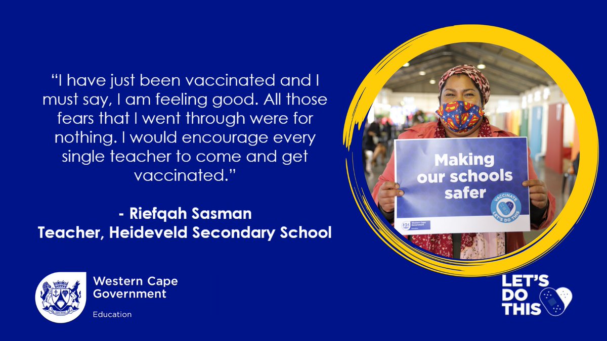 Riefqah Sasman, educator at Heideveld Secondary School, is feeling good after she received the COVID-19 vaccine. #LetsDoThis
