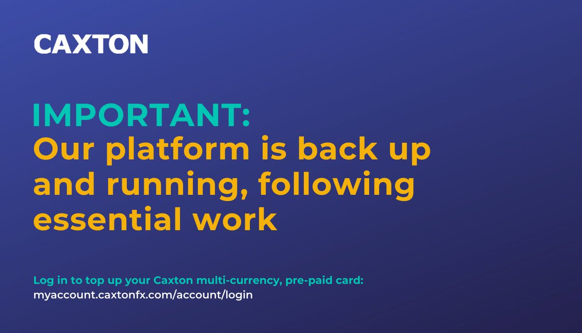 🙌 IMPORTANT | We're now back up and running – following essential work last night! Apologies for any inconvenience caused. Thank you for your patience. App and web functionality have been re-enabled. So, you can log back into your Caxton account >> ow.ly/zINE50FkNm9