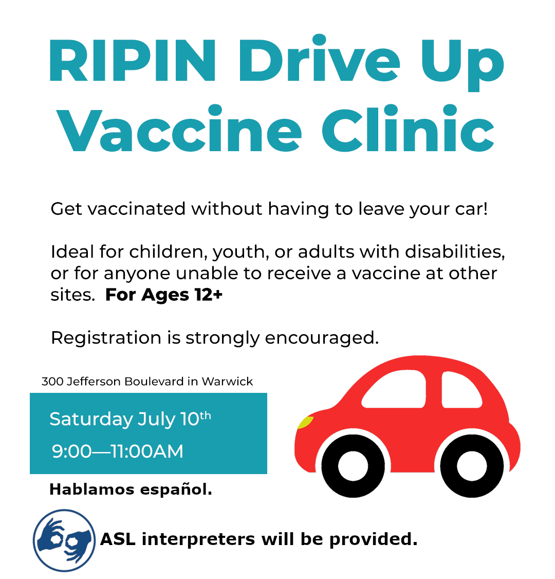 RIPIN_RI's tweet photo. On July 10th, our vaccine clinic will be open for children, youth, or adults with disabilities and others. Get your second dose if you attended the first clinic! First doses also available.

ASL and Spanish language interpretation provided.

Register: https://t.co/ORiCl3S9Fr https://t.co/iWarJJDOH7