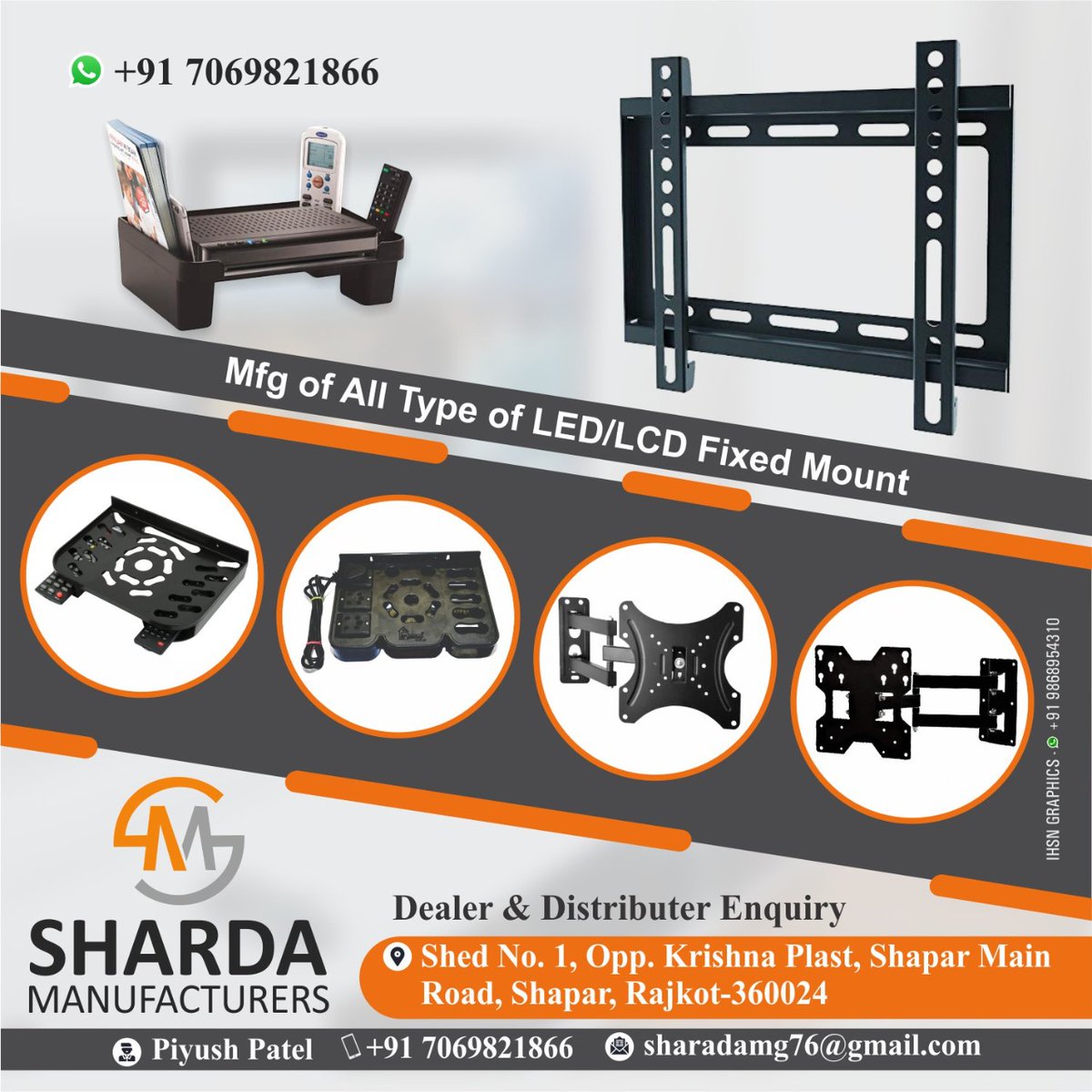 ihsndigital's tweet photo. #ShardaMfg. #Rajkot #Gujarat #LCDWallMountsBracket #LEDFixedMount #WallMountedStand #WallMountBracket
Sharda Manufacturers (Rajkot, Guj.)
Contact - Mr. Piyush Patel, M.: +91-7069821866
Email : shardamg76@gmail.com https://t.co/HIWkjBKFw1