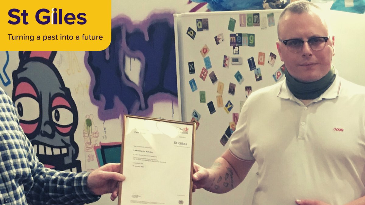 StGilesTrust's tweet photo. Massive congratulations to one of our Peer Advisors, Paul Smith on achieving his Learning to Advise Certificate. Paul has taken the right steps to turn his past into a future, while helping others to do the same.

#PeerAdvisor #Learning #PeerSupport #certificate https://t.co/o2EIy8tro5