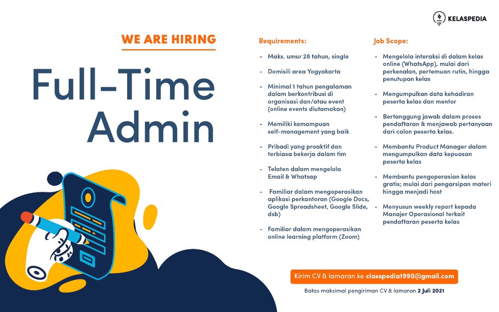 kelaspedia_id's tweet photo. [LOWONGAN]
Tertarik untuk bekerja bersama di Kelaspedia?
Ada kesempatan untuk kamu bergabung menjadi Full-Time Admin, nih!

Kirimkan CV &amp; lamaran kamu ke classpedia1990@gmail.com sebelum 2 Juli 2021 ya!

@BuruhYogyakarta @lokerjog @carilowongan https://t.co/gupeJ3W83E