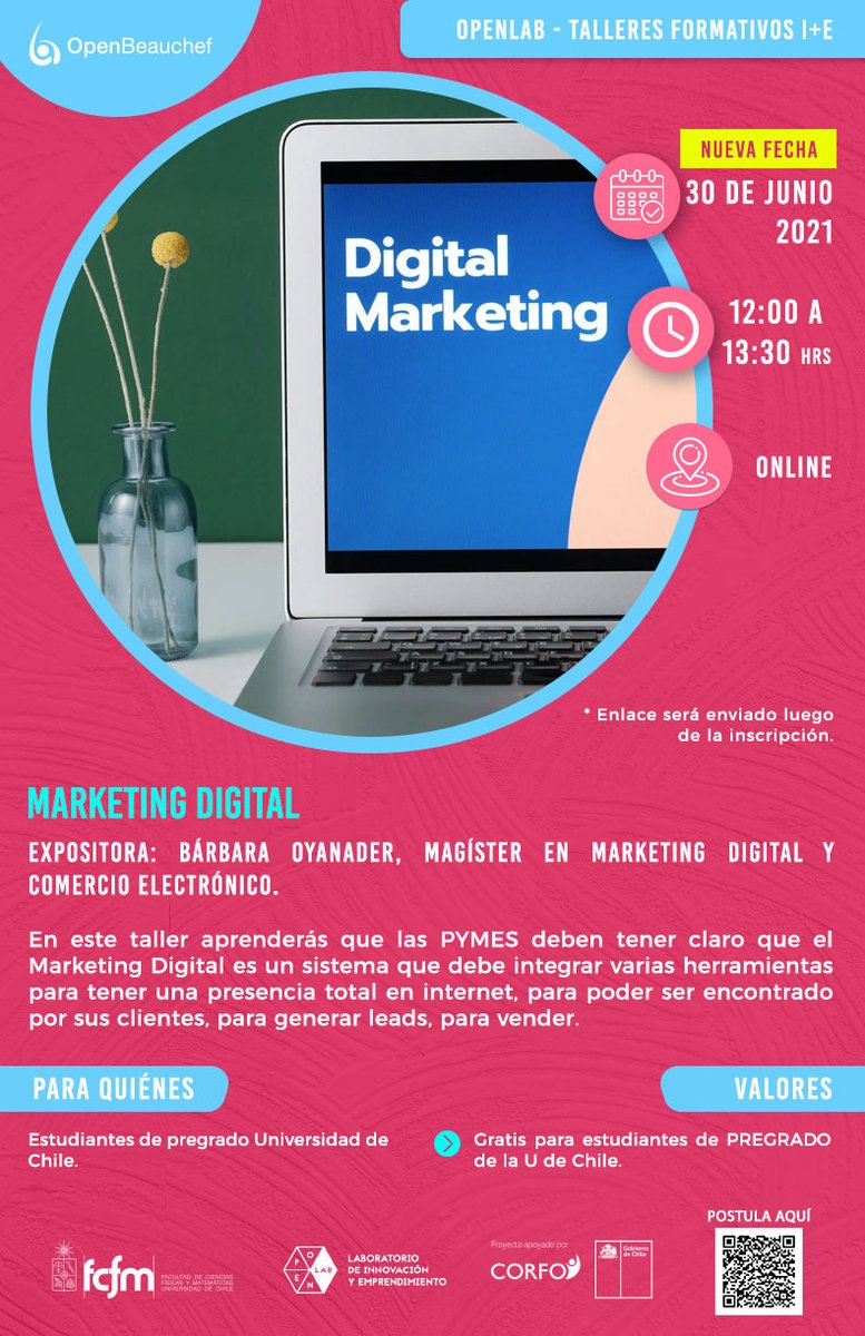 Últimos talleres de marketing del programa Toolkit de OpenLab, invitamos a todos los #alumnos de #pregrado de la U Chile a participar a estos talleres #gratuitos.

Inscríbete en: openlab.uchile.cl
¡Nos vemos online! 
#marketingdigital  <a href="/fenuchile/">FEN U. de Chile</a> <a href="/pregrado_fen/">Pregrado FEN U Chile</a> <a href="/uchile/">Universidad de Chile</a>