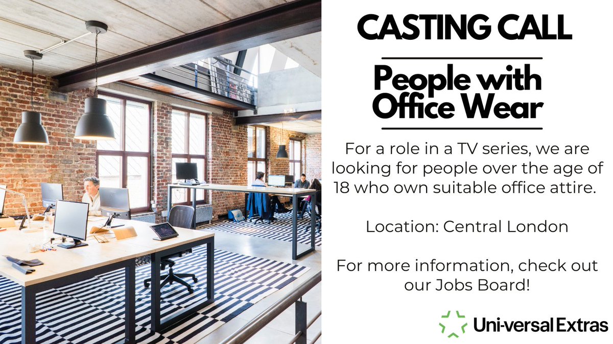 UniEXTRAS's tweet photo. Casting Call 📣

For a role in a TV series, we are looking for people over the age of 18 who own suitable office attire. Easy access to Central London is essential. 

For more information, visit our Jobs Board: https://t.co/ozjJortlJ7

#castingcall #London #TVextras https://t.co/a00H0VoHlq
