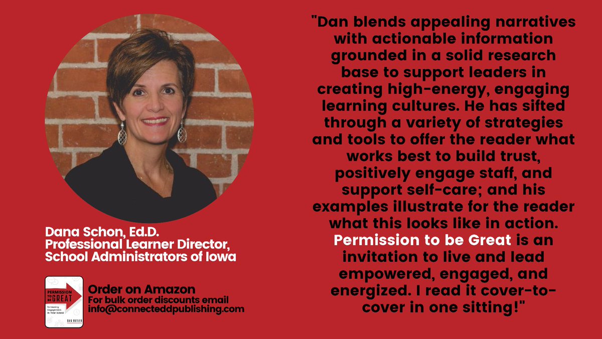 I’m honored to have the endorsement of <a href="/djschon/">Dana Schon</a> for Permission to be Great. Dr. Schon serves as the Director of Professional Learning for <a href="/sai_iowa/">SAI - Iowa</a> and has a strong passion for educator well-being. Learn more: tinyurl.com/p2bgreat. #permission2bgreat