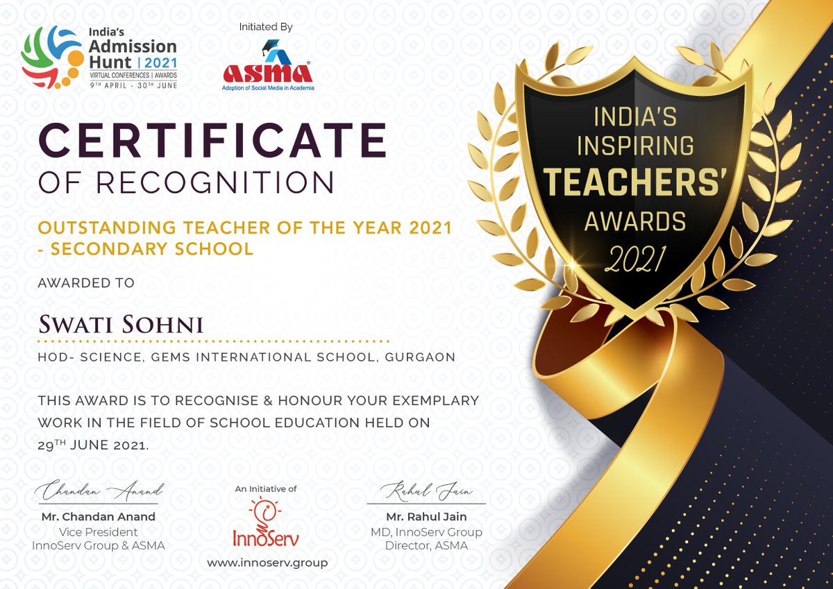 asmaacademia's tweet photo. Congratulations to Swati Sohni, HOD- Science, @gisGurugram, on being awarded for exemplary work in the area of ‘Outstanding Teacher of the year 2021 - Secondary School' at ASMA India’s Inspiring Teachers' Awards Summit 2021.
Watch Video:- https://t.co/StRvIOINfC
#ASMAwebinar https://t.co/ucYLg1l13X