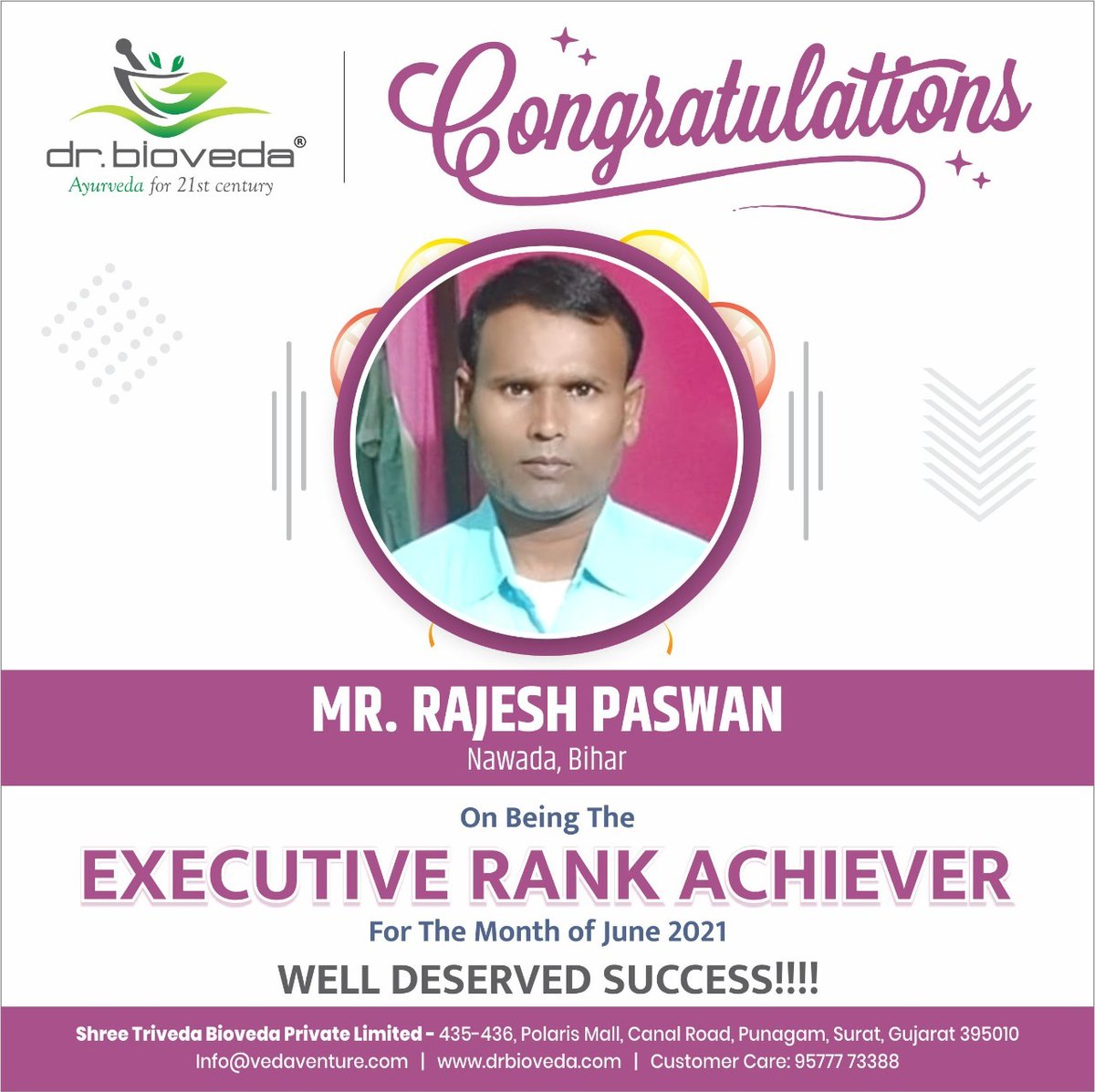 DrBioVeda's tweet photo. Congratulations Mr. Rajesh Paswan on  being the Executive Rank Achiever. This success is truly deserved. The enthusiasm, hard work &amp; dedication will surely have an impact on your successful journey. 
#dr bioveda #ayurveda # business rank # executive #junemonth #success https://t.co/ZkN3rOEtce