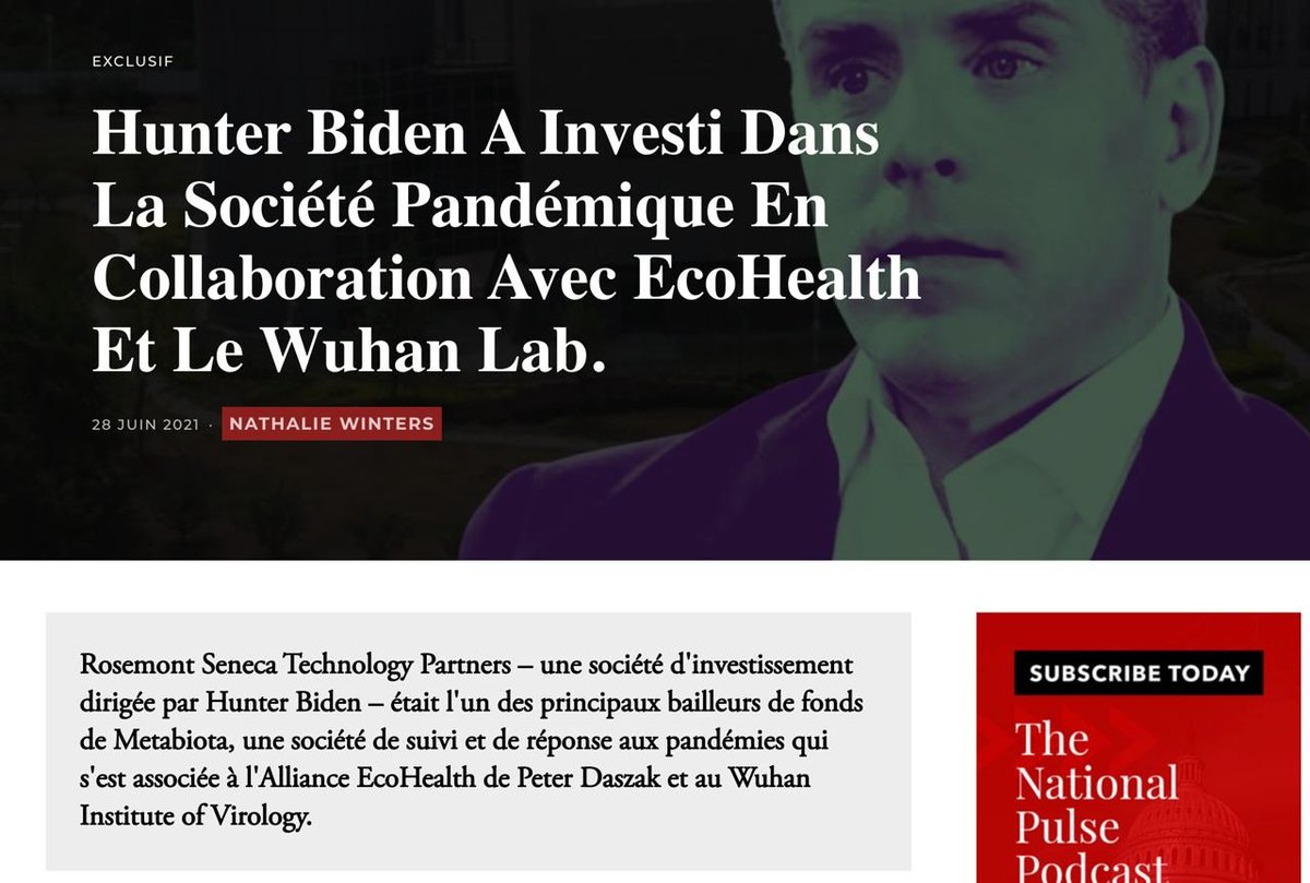 Une société d'investissement dirigée par Hunter #Biden a été l'un des principaux bailleurs de fonds de Metabiota, une société de suivi & de réponse aux pandémies qui s'est associée à l'Alliance EcoHealth de Peter Daszak & #Wuhan Institute of Virology. @AssoCovid @Smackenziekerr