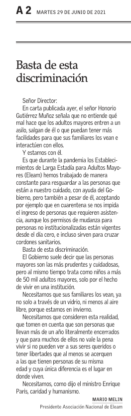 carolaghuidobro's tweet photo. "Basta de discriminación", un llamado desesperado q representa a 50 mil adultos mayores en Chile. Hace un año y medio q familiares no pueden visitarlos al interior de recintos #Eleam. Es inhumano e incomprensible. Hasta las mascotas tienen más voz. @SENAMAGOB @ministeriosalud https://t.co/mJAAKqgcZT