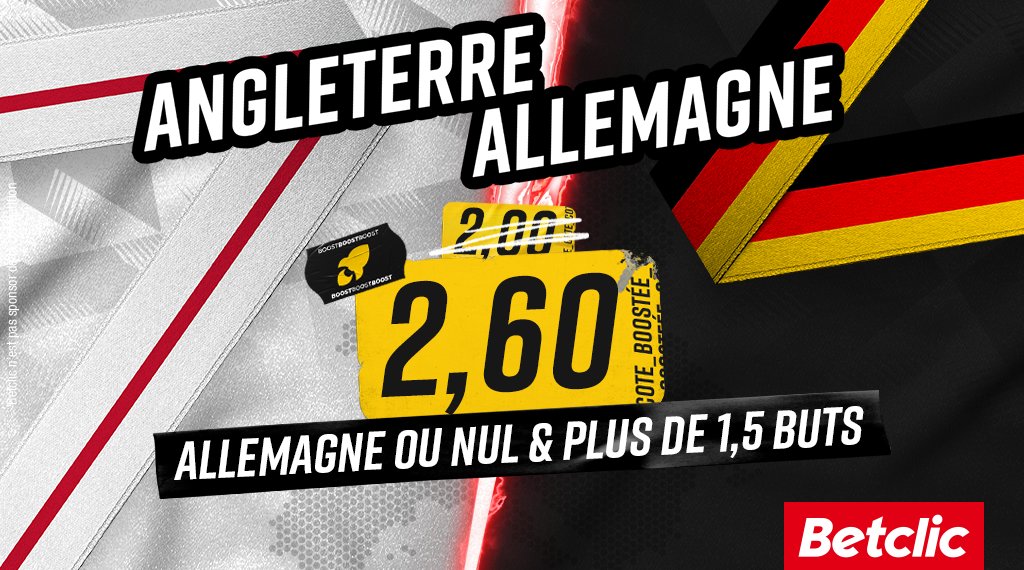 Betclic's tweet photo. 🚀 HAPPY HOUR #ENGALL 🔥

Avant le match on vous régale avec 3 cotes boostées (Tps réglementaire) :

Kane, Sterling ou Havertz buteur : 1,55 👉 2,10
Allemagne ou nul &amp; + de 1,5 buts : 2,00 👉 2,60
Les 2 équipes marquent &amp; plus de 2,5 buts : 2,05 👉 2,70 

⚠️ Mise max : 20€ https://t.co/WwKmr8yxof