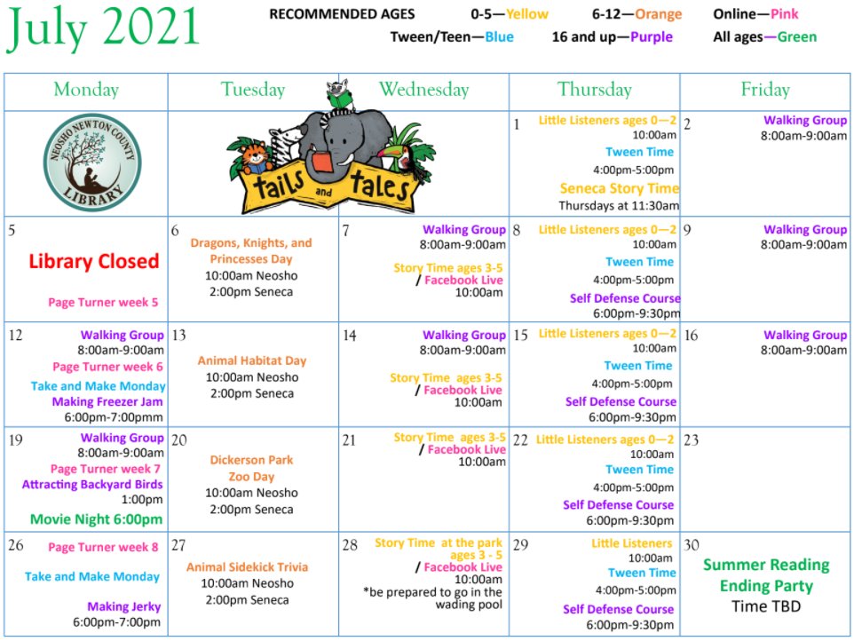 NNCL_Library's tweet photo. Don't forget today - Jason D'Vaude!!
Here's a look at what's coming up in July:
 #IMLS #CSLP #neoshomo #senecamo #TailsandTales #summerreading #library https://t.co/j5IvcvMVg0
