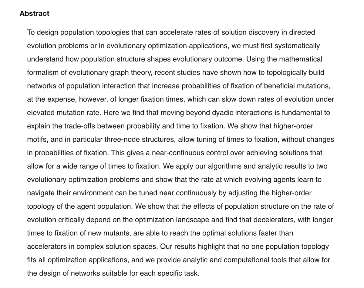 New work online today: Evolutionary graph theory beyond pairwise interactions: higher-order network motifs shape times to fixation in structured populations biorxiv.org/content/10.110…