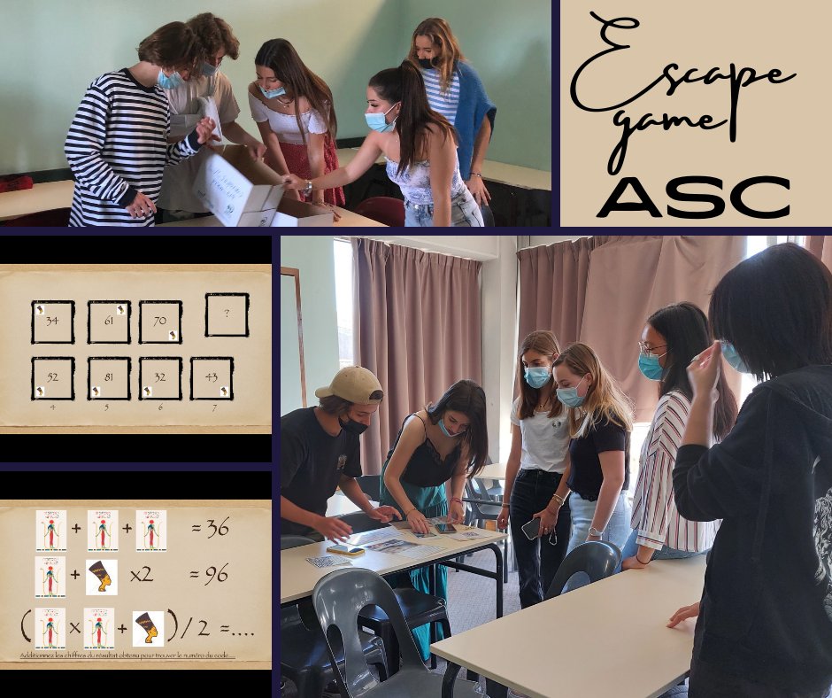 EnsembleASC's tweet image. Cette année en 1 #STMG, des élèves volontaires ont suivi des cours de #mathématiques et #numérique +. Pour clôturer l'année, ils ont créé un #escapegame avec des épreuves de mathématiques pour leurs camarades des autres classes. On peut s'amuser avec des Maths !!!
