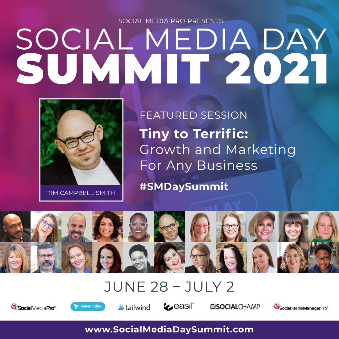 TeamSMPro's tweet photo. LIVE at 10 ET TODAY!
Attend Tim Campbell-Smith's session at our FREE virtual conference for Social Media Professionals around the globe to connect, learn, and celebrate Social Media Day 2021!
====
Don't miss it!
⬇️
https://t.co/i99agUn2Wf
#SMDaySummit https://t.co/2jodMI9Jor