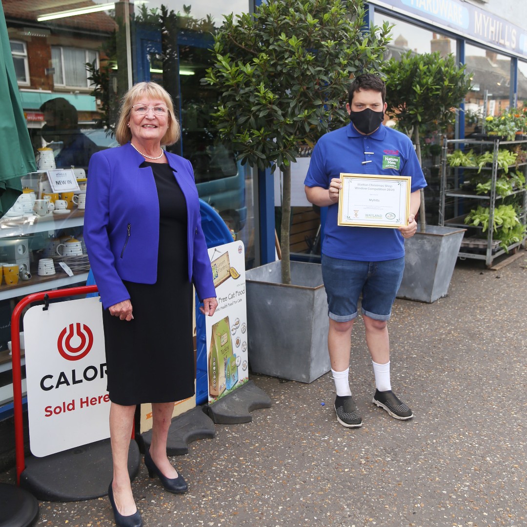 WaylandChamber's tweet photo. It may be over 6 months since Christmas and our Watton shop window competition but we were finally able to present the winners with their certificates! First prize went to Myhills. https://t.co/HggtcBMs8H