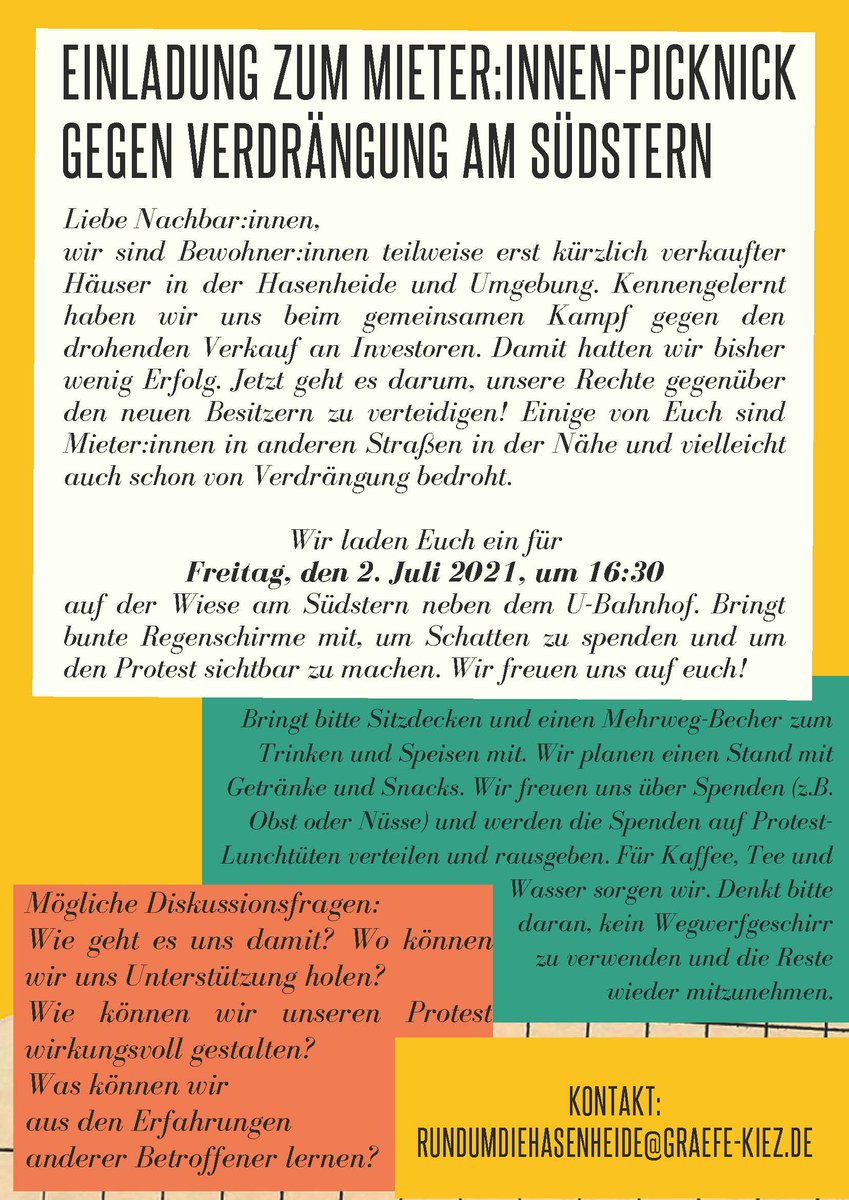 Kommt alle diesen Freitag zum #Südstern zu unserem #Mieter_innenPicknick gegen #Verdrängung! 16:30 Uhr geht's los.
#OhneMampfKeinKampf #b0207 #Hasenheide #Kreuzberg #XBerg