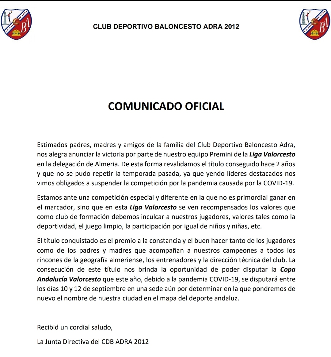Comunicado oficial CD Baloncesto Adra 2012