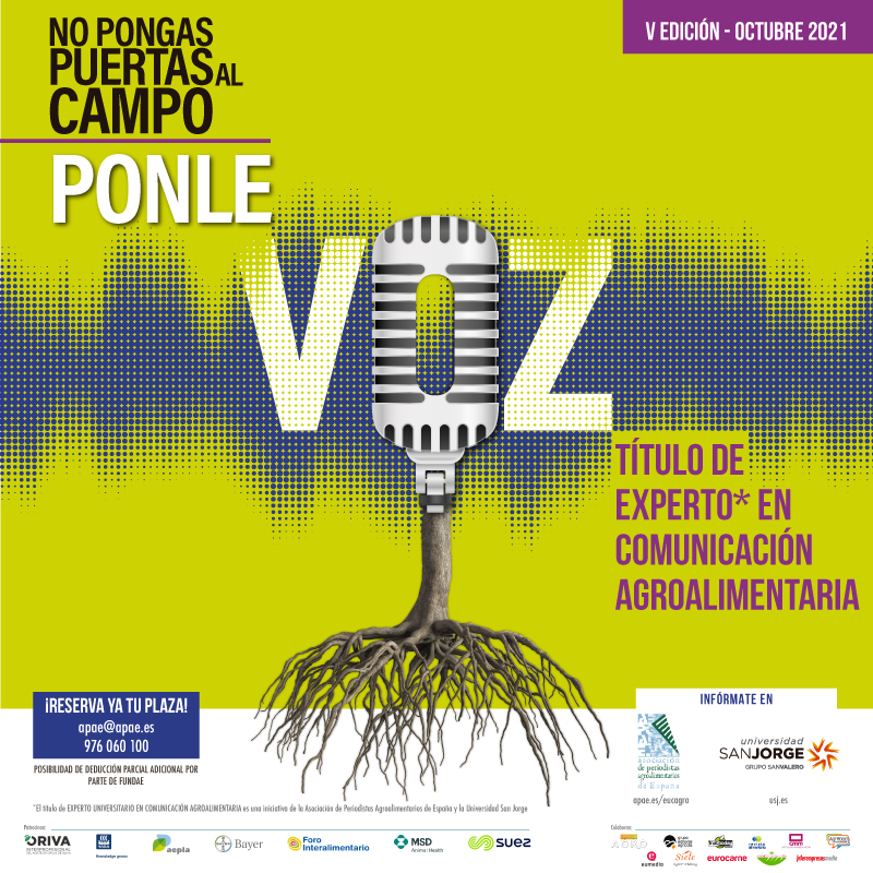 Tenemos los pies en la #tierra, y la voz preparada para contar lo que pasa en el campo, el #mar y la mesa, ¿y tú?
¿Quieres formarte en #comunicación #agroalimentaria?, 5ª edición @EUCagro octubre 2021, abierta la inscripción. Envía MD/correo-e a apae@apae.es y te aclaramos dudas.