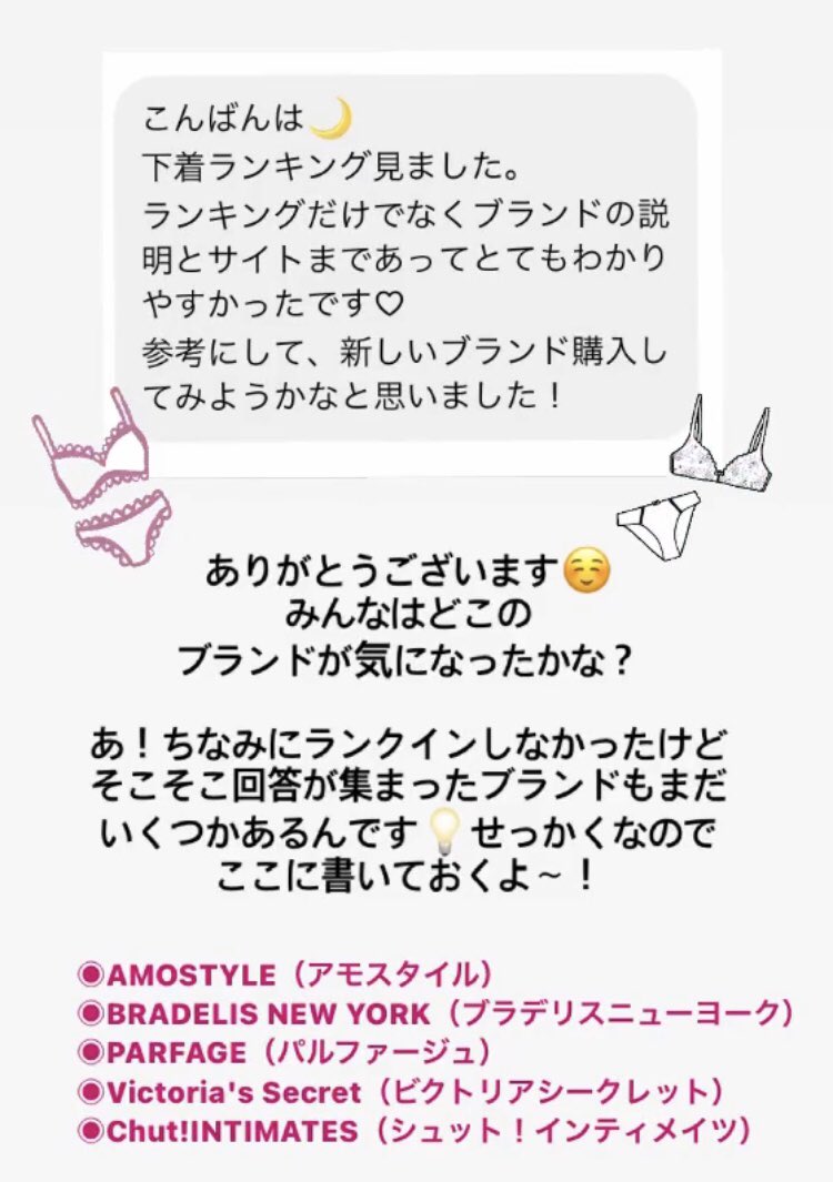 Twitter এ 平泉春奈 ランキング外で回答がそこそこあったランジェリーブランドも教えますね みんなは持ってるものあったかな T Co Eu1b3qptys ট ইট র